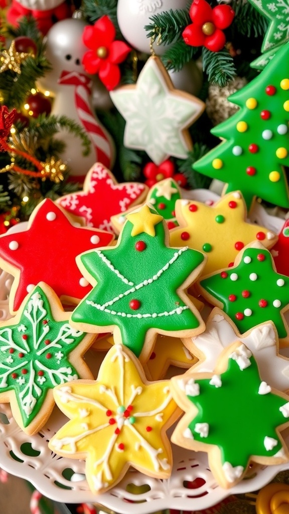 Decorative Christmas sugar cookies in festive shapes with colorful icing and sprinkles on a plate.